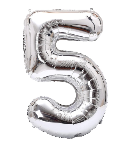 Balon din Folie Metalizata Flippy, Figurina Cifra, Tema Aniversare 40 cm, Ambalaj Individual, Pai inclus, Umflare cu Aer sau Heliu, Argintiu, Cifra 5