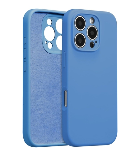 Husa de Protectie, Vafy, pentru iPhone 16 Pro Max, Liquid Silicone, cu Microfibra pe Interior, Protectie Antisoc, Compatibil Incarcare Wireless, Albastru