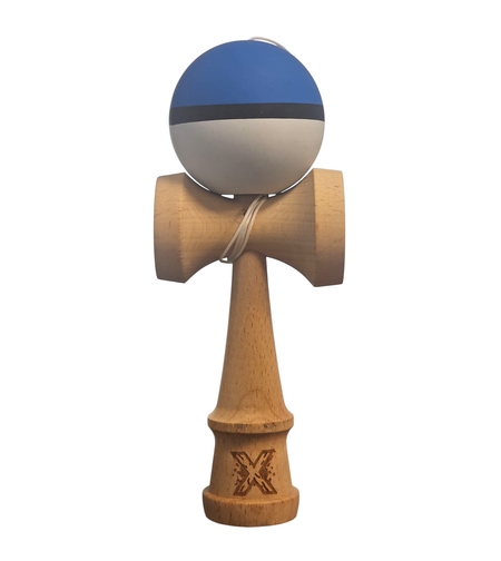 Kendama X Originala, Profesionala, Flippy, din Lemn, 18 cm, Rubber Grip, Albastru/Negru/Alb
