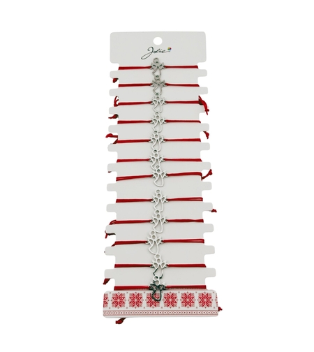 Bratara Martisor pentru Dama, Jolie, Model Inger, Set 12 bucati, Pandativ Argintiu din Inox cu Snur Rosu Ajustabil