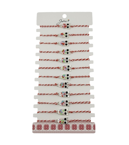 Bratara Martisor pentru Dama, Jolie, Model Bufnita, Set 12 bucati, Pandativ Argintiu din Inox cu Elemente Multicolore, Snur Alb/Rosu