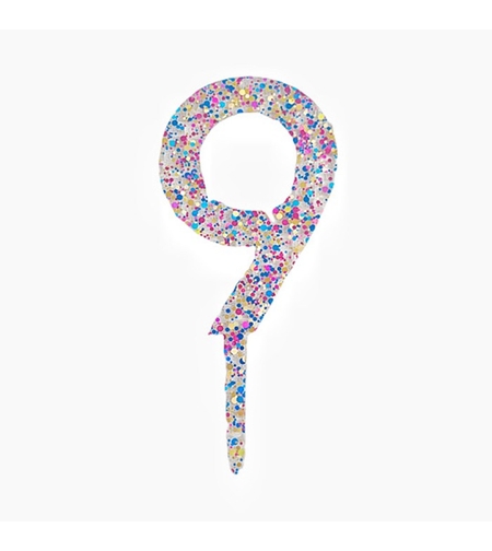 Decoratiune Topper pentru Tort, Flippy, din Acrilic cu Fulgi de Sclipici, Model Cifra 9, Inaltime 18.5 cm, Transparent Multicolor