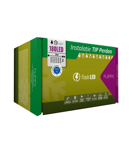 Instalatie Craciun, Tip Perdea, IP44, 3 m x 1 m, 180 LED-uri, Albastru, cu flash, Transformator cu telecomanda, Interconectabila, Prelungitor 5 m inclus, Fir transparent, Interior/ Exterior, Vafy