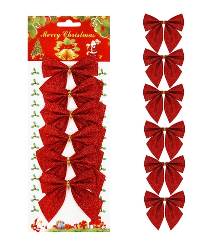 Set 6 ornamente pentru bradul de Craciun, fundita, 8cm, rosu cu sclipici