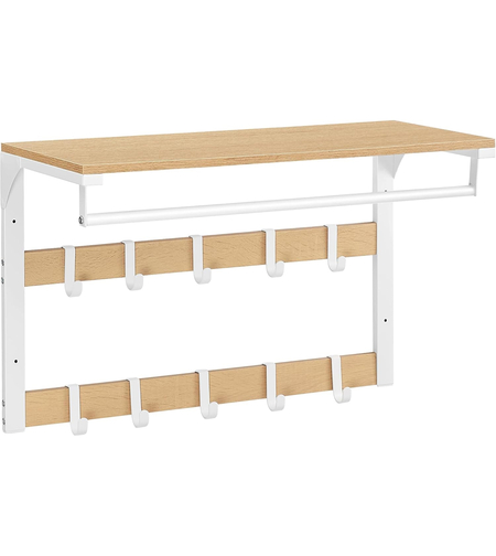 VASAGLE Raft de perete tip cuier, 10 carlige detasabile, sina pentru haine, 30x65x42cm, stejar si alb