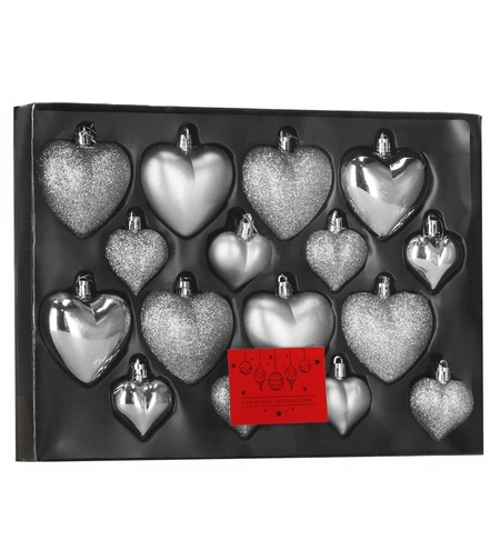 Set globuri decorative in forma de inima, 16 bucati, plastic, 4-7 cm, argintiu