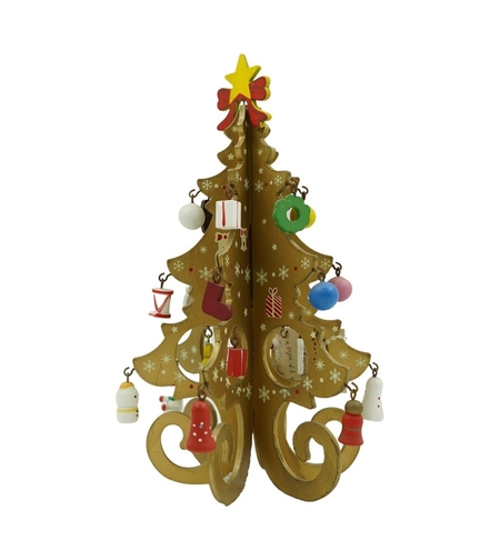 Decoratiune Craciun, Brad, Auriu, 6 cavitati cu ornamente, 12 cm x 20 cm, Lemn, Flippy