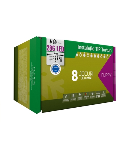 Instalatie Craciun Turturi, IP44, 10 m, 286 Led-uri ,Perdea Franjurata, Albastru, 8 jocuri de lumini, Transformator 31 V, Putere 9 W, Interconectabila, Interior/Exterior, Prelungitor 3 m inclus, Fir Alb, Flippy