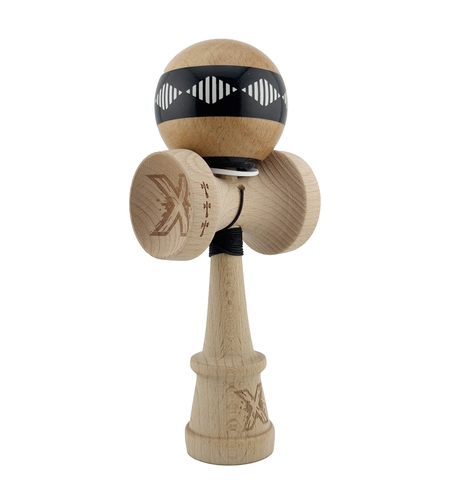 Kendama X Originala FREQUENCY, Profesionala, Flippy, Cupe Mari KING SIZE V3, Super Sticky, Gaura in Baza, Rulment Metalic, din lemn 18 cm, Ata 62/65 cm, Negru/Maro