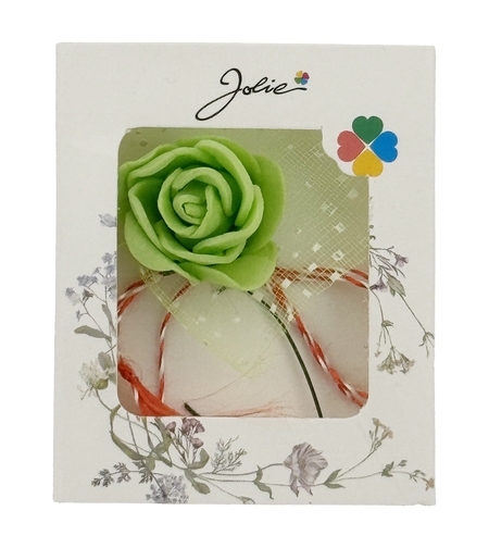 Martisor Motiv Floral, Jolie, Model Trandafir, cu Snur Alb/Rosu, 9 x 5 cm, Verde deschis