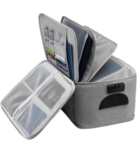 Geanta Flippy pentru Depozitare Acte si Documente, Facturi, Carduri, cu Cod de Securitate, 5 Compartimente, Impermeabila, 37 x 20 x 27 cm, Gri