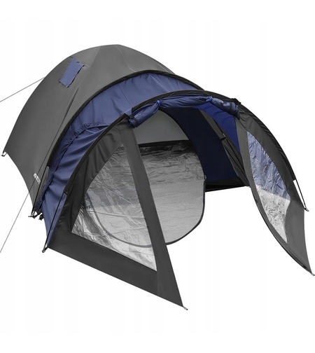 Cort camping 4 persoane cu antreu, impermeabil 3000 mm, 450x210x150 cm, negru si albastru