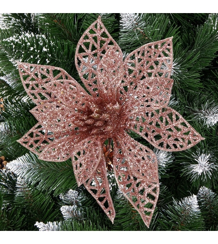 Set 10 ornamente pentru bradul de Craciun, stea Poinsettia, 10cm, roz