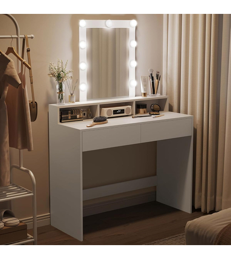 VASAGLE Masa de toaleta cu oglinda LED cu luminozitate reglabila, 2 sertare si 3 compartimente, 100x40x145 cm, alb