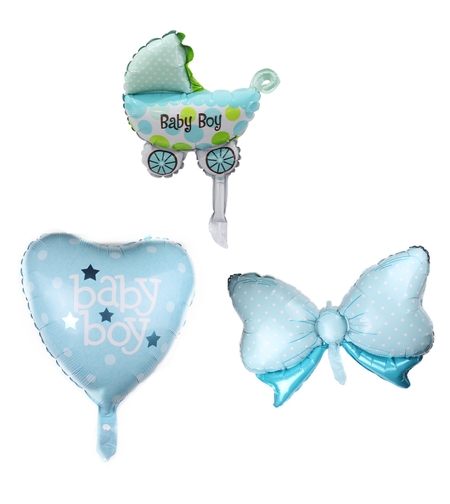 Set 3 Baloane din Folie Metalizata, Vafy, Figurine Carucior, Inima, Fundita, Tema Botez, 45 cm, Ambalaj Individual, Pai Inclus, Umflare cu Aer sau Heliu, Albastru