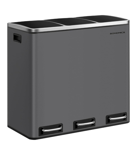 SONGMICS Cos de gunoi colectare selectiva cu 3 compartimente 3 x 18L, capace soft close, pedale, otel, 61x32x56 cm, gri mat