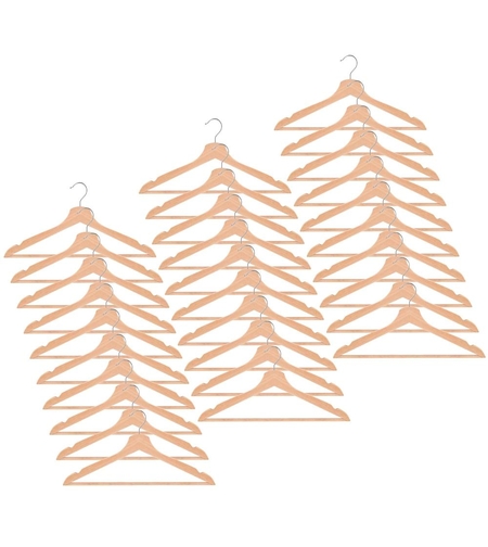Set de 30 umerase din lemn cu carlig cromat rotativ, forma ergonomica, 43x21 cm, maro natur