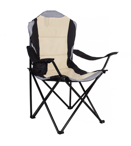 Scaun pliabil camping sau pescuit Premium, cu suport pahar, crem si negru