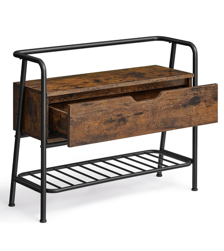 VASAGLE Pantofar cu banca de depozitare, raft si sertar, stil industrial, 30x80x64 cm, maro rustic