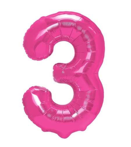 Balon din Folie Metalizata Flippy, Figurina Cifra, Tema Aniversare 40 cm, Ambalaj Individual, Pai inclus, Umflare cu Aer sau Heliu, Roz, Cifra 3