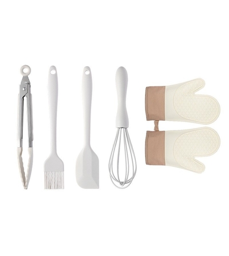 Set 5 Ustensile de Bucatarie, Flippy, din Silicon+Inox, Termorezistente, Antiaderente, 28 x 26 x 2 cm, Alb Maro
