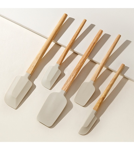 Set 5 Ustensile de Bucatarie, Flippy, din Silicon si Lemn, Spatule de Diferite Dimensiuni, Termorezistente, Antiaderente, Bej-Maro
