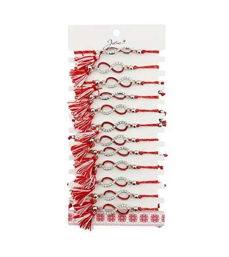 Martisor Bratara cu Ciucure pentru Dama, Jolie, Model Infinit cu Pietre, Set 12 bucati, Pandativ din Inox, Snur Reglabil, Rosu/Alb