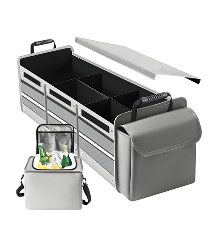 Organizator Auto pentru Portbagaj, Flippy, Model Pliabil, din Panza, cu Geanta Termoizolanta Detasabila, 3 Compartimente, Curele Ajustabile, 90 x 35 x 30 cm, Gri
