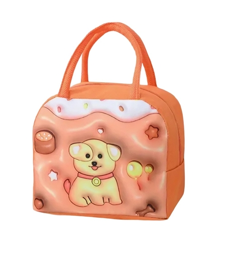 Geantă Frigorifică, Flippy, cu Desene Animate 3D, Portabilă pentru Copii, de Prânz, din Pânză Oxford, 23x13x19 cm, Model Catelus, Maro