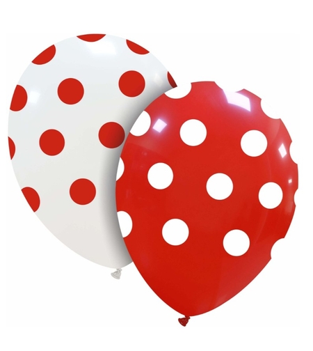 Set 10 Baloane din Latex, Flippy, Model Party cu Buline, 30 cm, Alb si Rosu, 2.8 g