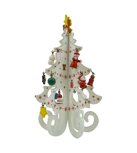 Decoratiune Craciun, Brad, Alb, 6 cavitati cu ornamente, 12 cm x 20 cm, Lemn, Flippy