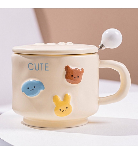 Cana ceramica, Flippy, din Portelan, print Figurine Animalute, Cana penru Copii, Model CUTE, Cana cu Lingura si Capac, Ceasca pentru Cafea, Ceai, 400ml Galben