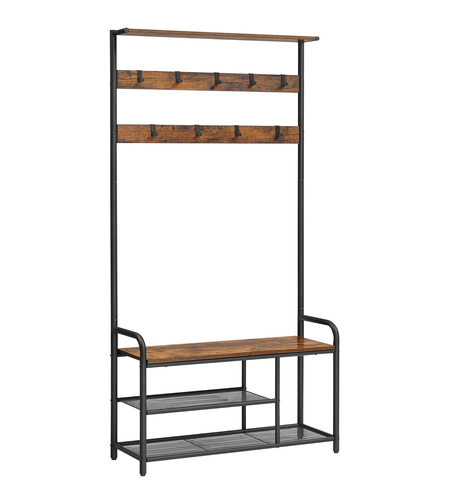 VASAGLE Cuier pentru hol cu banca si suport pantofi, stil industrial, 84x34x183 cm, maro rustic