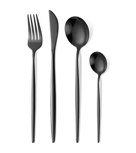 Tacamuri Portugheze, Flippy, Set din 24 de Piese din Otel Inoxidabil, 6 Cutie, 6 Furculite, 6 Linguri de Masa, 6 Linguri pentru Ceai, Negru Cosmic