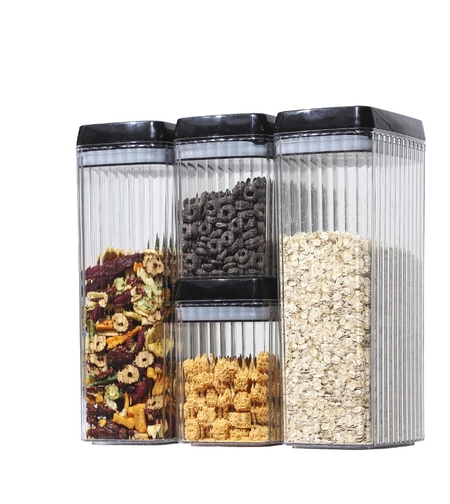 Set 4 Recipiente din Plastic, Flippy, pentru Alimente/Obiecte, Inchidere Ermetica, Textura Ondulata, 2 x 1.5l, 2 x 3.3 l, Transparent