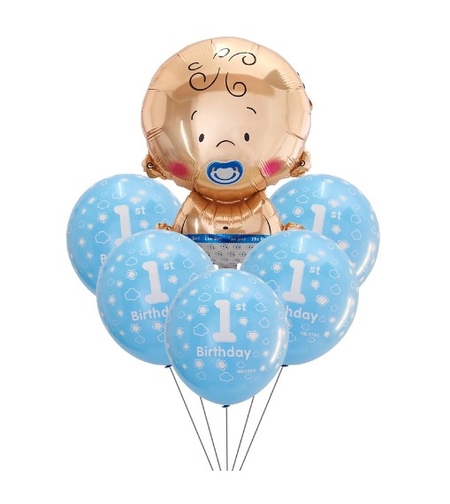Set baloane pentru fetite, Vafy, FIRST ANIVERSARY, 5 latex 1 Birthday, 1 balon folie din aluminu baby boy, 71 cm, Albastru