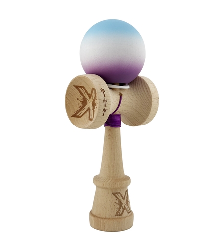 Kendama X Originala, Profesionala, Flippy, Cupe Mari KING SIZE V3, Rubber Grip, Gaura in Baza, Rulment Metalic, din lemn 18 cm, Ata 62/65 cm, Gradient Albastru deschis/Alb/Mov