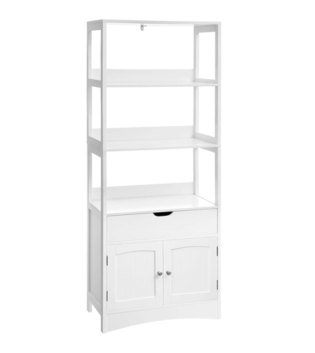 VASAGLE Dulap inalt baie cu 3 rafturi, 1 sertar si 1 dulap, din MDF, 60x33x154 cm, alb