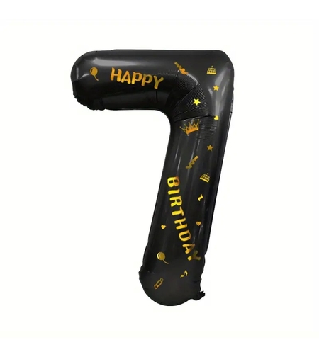 Balon din Folie Metalizata Flippy, Figurina Cifra, Scris Happy Birthday, Tema Aniversare 100 cm, Ambalaj Individual, Pai inclus, Umflare cu Aer sau Heliu, Negru, Cifra 7