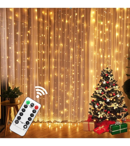 Instalatie de Craciun, Vafy, Instalatie de Tip Perdea IP44, Alimentare prin Port USB si Telecomanda cu 8 functii, 6m x 3m, 600 LED, Alb Rece