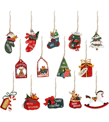 Set 14 Decoratiuni de Craciun, Flippy, pentru Brad, 5 - 9.5 cm, din Lemn, Multicolor
