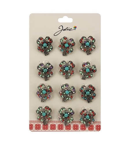 Brose Martisor Primavara, Jolie, Set 12 Bucati, Model Trifoi cu Pietre Decorative, Brosa din Metal, Dimensiune 3 x 2 cm per Bucata, Argintiu/Albastru deschis