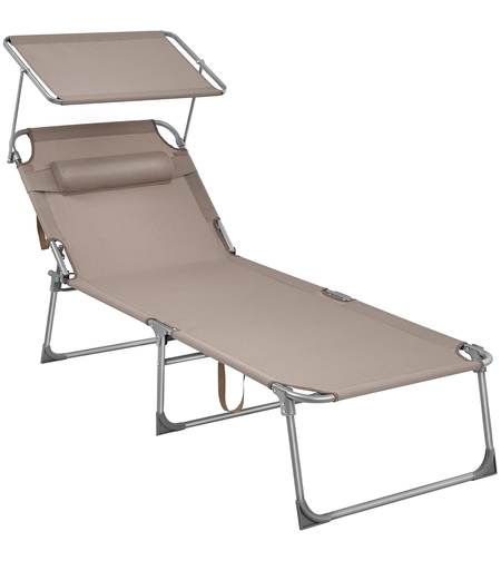 SONGMICS Sezlong pliabil, cu parasolar si tetiera, spatar reglabil in 4 pozitii, maxim 150kg, 200x71x38 cm, taupe
