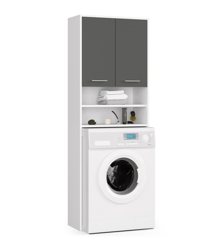 Dulap baie inalt pentru spatiu deasupra masinii de spalat, cu usi si polite, 64x30x180 cm, alb si grafit