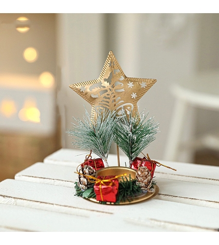 Suport Decorativ pentru Lumanare de Craciun, Flippy, Ornament pentru Lumanare pe Masa, Model Stea cu Clopotei si Crengute de Brad, din Art Metal, fara Lumanare 13 x 8.3 cm, Auriu