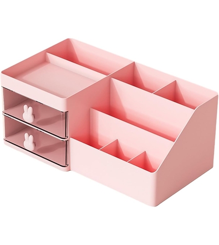 Cutie de Depozitare pentru Birou, Flippy, Pentru Makeup, Papetarie, Organizator Cosmetice, 2 Sertare si Compartimente Multiple, Model Iepuras, Plastic, 27.5x15.5x12 cm, Roz