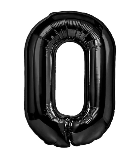 Balon din Folie Metalizata, Flippy, Figurina Cifra, Tema Aniversare 40 cm, Ambalaj Individual, Pai inclus, Umflare cu Aer sau Heliu, Negru, Cifra 0