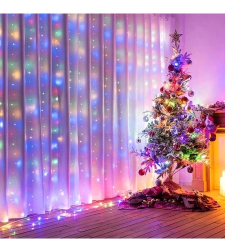 Instalatie Craciun, Tip Perdea IP44, 3m x 1m, 100 Led-uri, Multicolor, USB si telecomanda cu 8 functii, Vafy