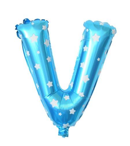 Balon Folie Metalizata Litera V, Flippy, 40 cm, Cu Imprimeu Stelute, Umflati cu Heliu sau Aer, Ambalaj Individual, Pai inclus, Albastru