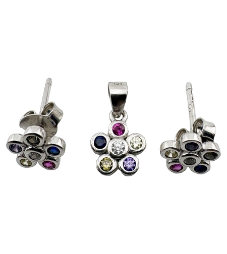 Set Pandativ cu Cercei pentru Dama, Jolie, Argint 925, Model Floricele Colorate, 1.60 g, Argintiu
